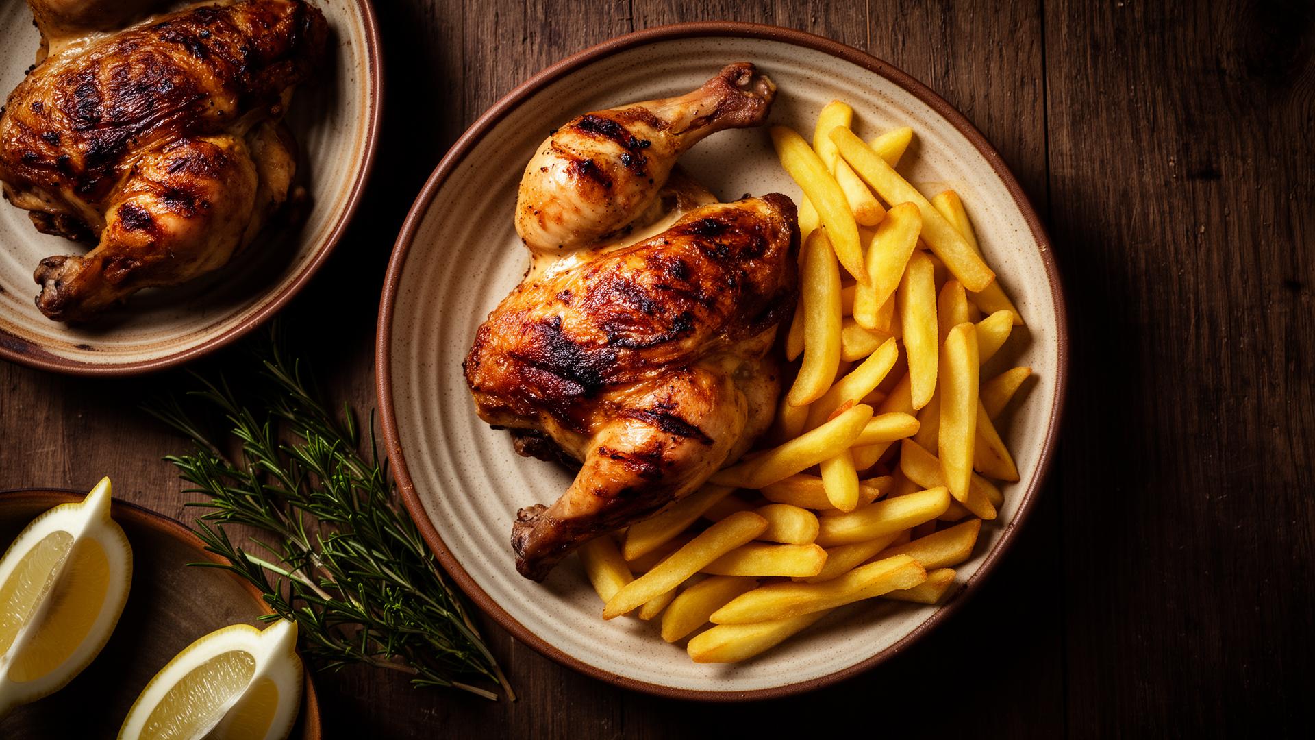Frango assado com batatas fritas — comida caseira VilaNova